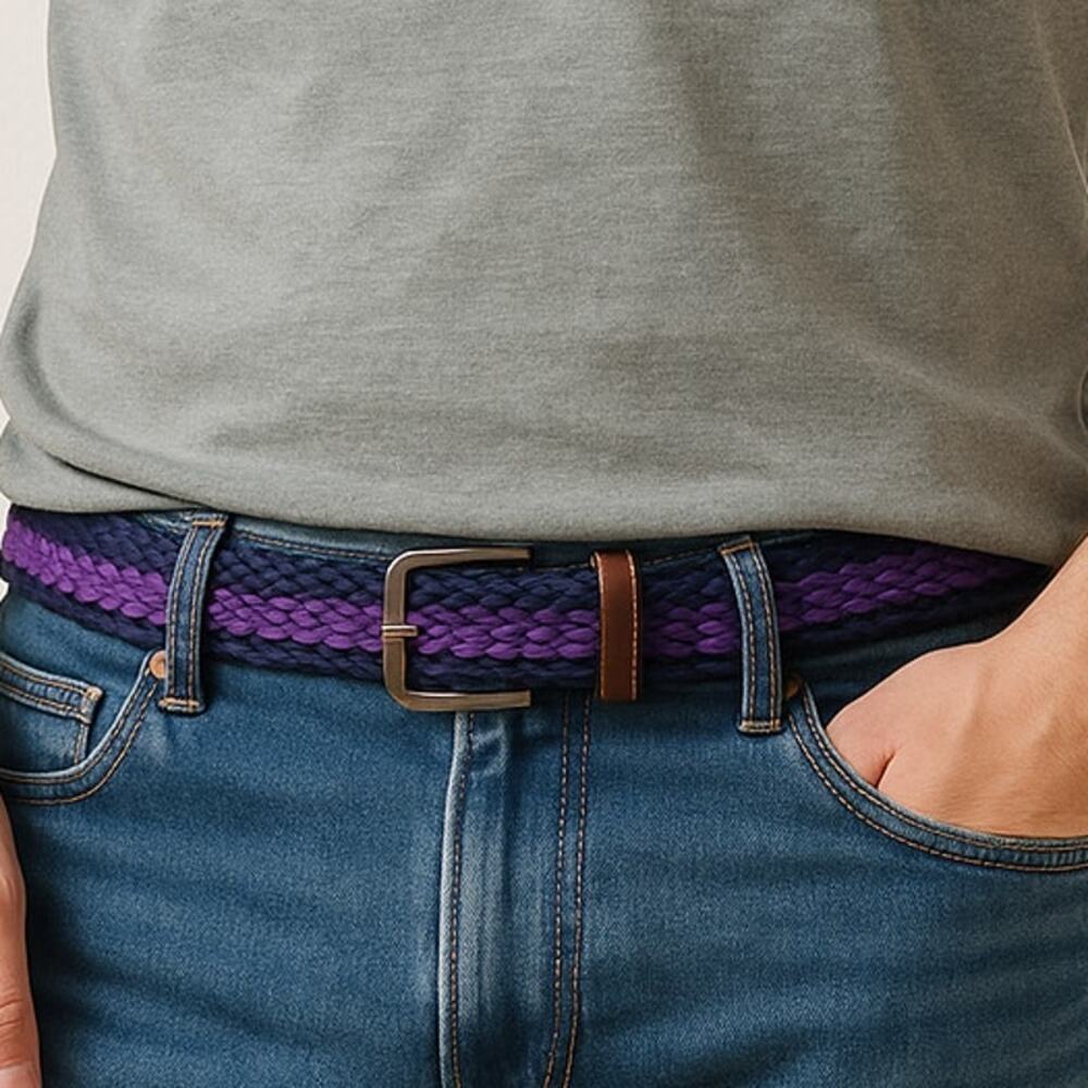 Ted Baker SZ S/M Braided Purple/Navy Textile & Brown Leather Belt